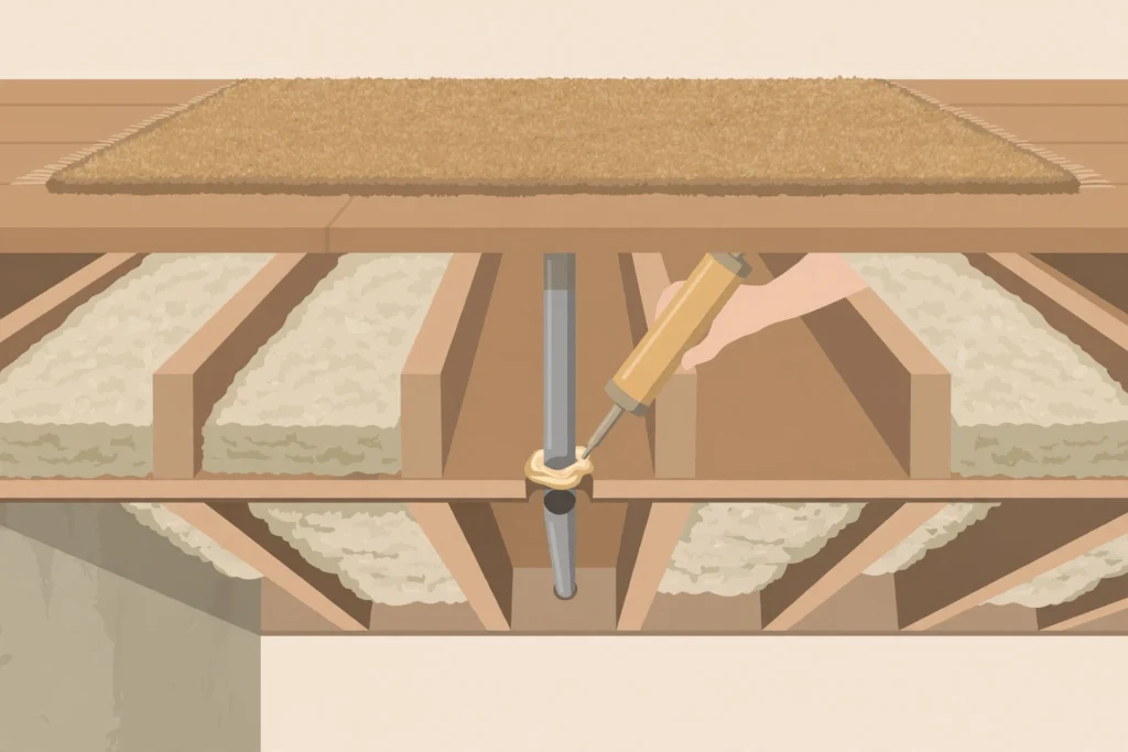 Sealing gaps around a pipe in an open basement ceiling with insulation batts and a rug above