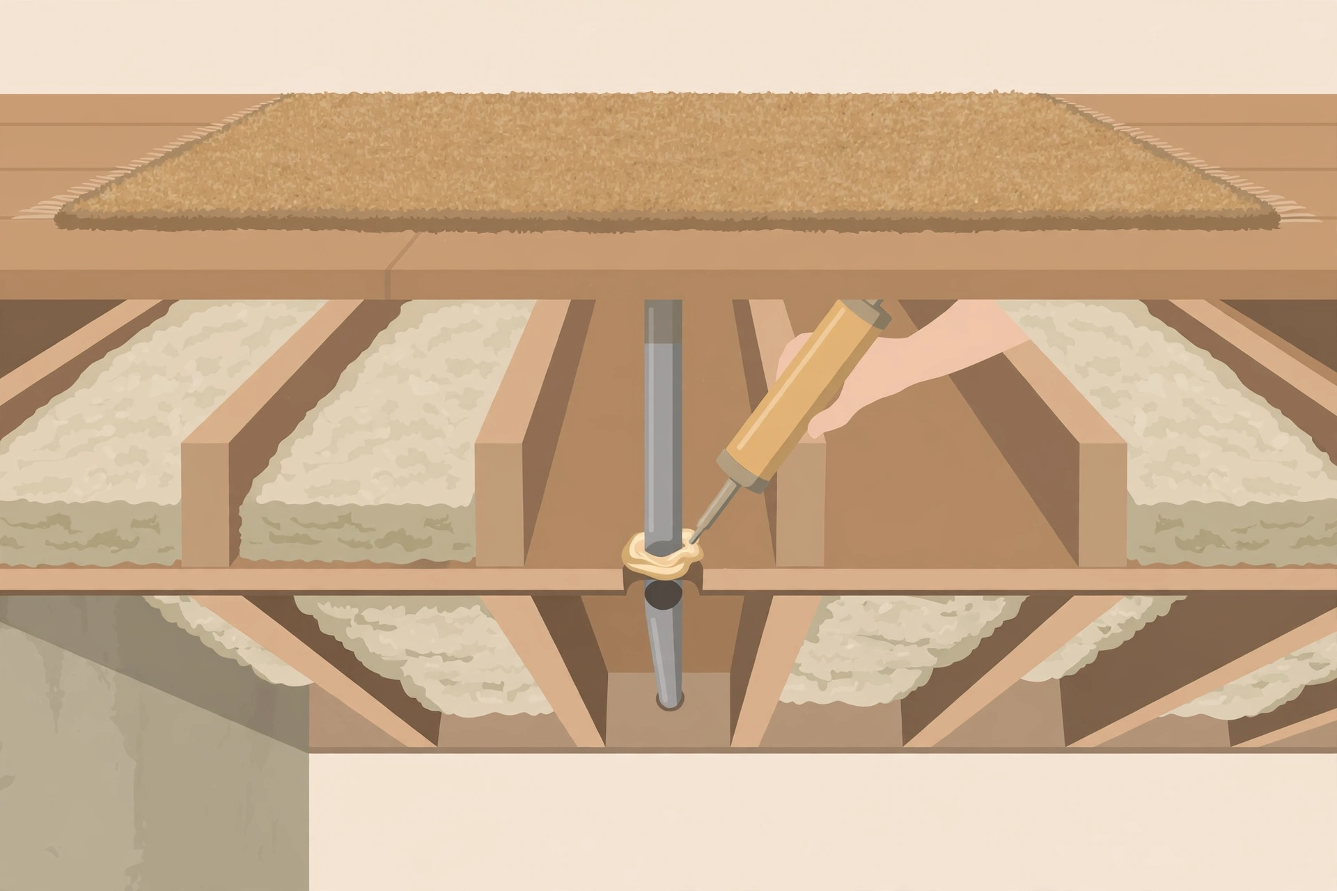 Sealing gaps around a pipe in an open basement ceiling with insulation batts and a rug above